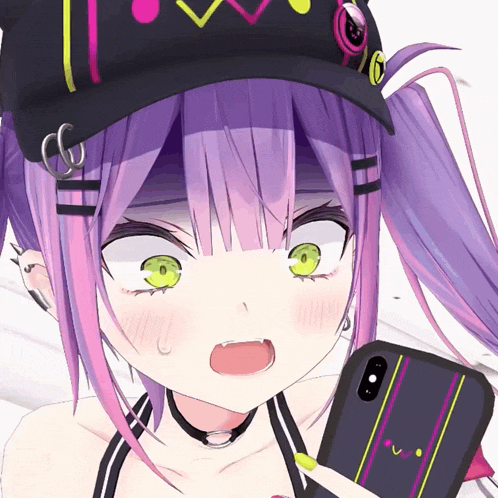a girl with purple hair and green eyes holds a cell phone