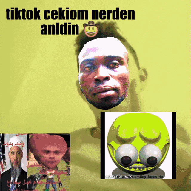 a man with a smiley face on his head is surrounded by other faces
