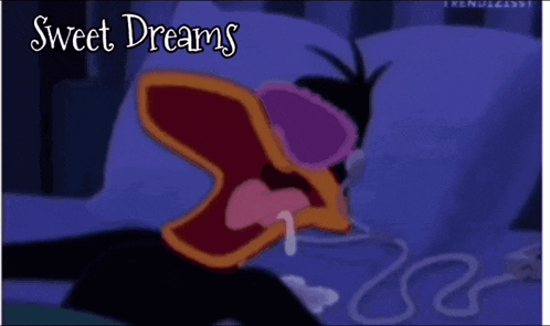 a cartoon of a duck laying in bed with the words sweet dreams below it