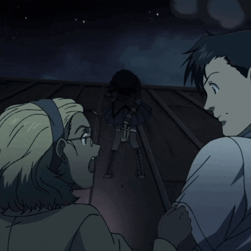 a man and a woman are looking at a person standing on a roof