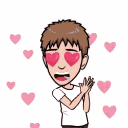 a cartoon of a man with hearts in his eyes surrounded by pink hearts