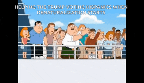 a cartoon of a group of people on a boat with the caption helping the trump voting hispanics when denaturation starts .