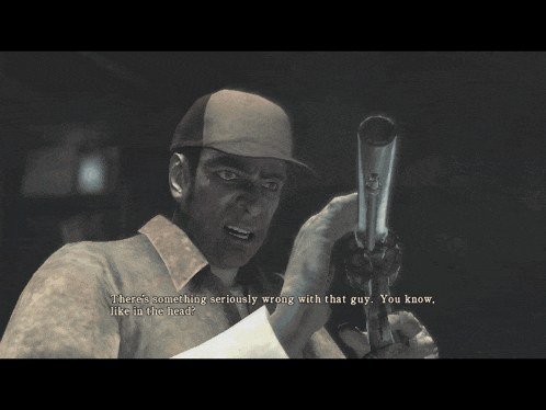 a man is holding a gun and saying " there 's something seriously wrong with that guy like in the head "