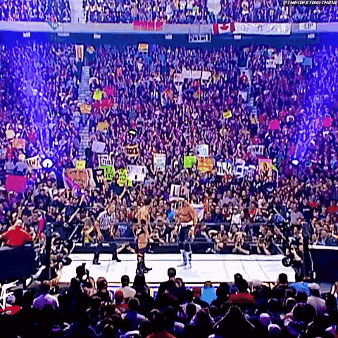 a large crowd of people are watching a wrestling match in a stadium