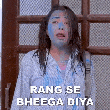 a woman with blue paint on her face is standing in front of a door and says " rang se bheega diya "