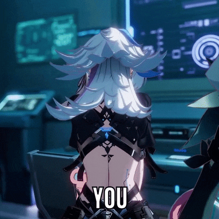 a video game character with white hair is standing in front of a computer screen and says you .