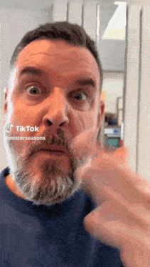a man with a beard and mustache is making a funny face and pointing at the camera .