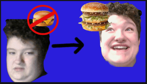 a picture of a man with a hamburger on his head