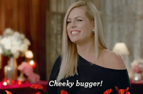 a woman in a black dress is smiling and says cheeky bugger .