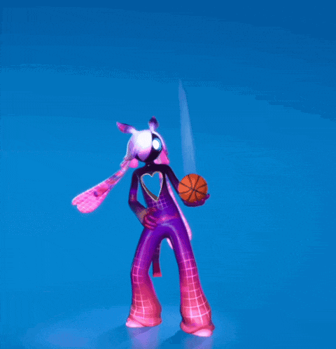 a cartoon character is holding a basketball on a blue surface