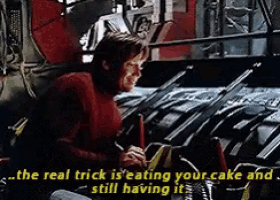 a man in a red sweater says the real trick is eating your cake and still having it ..