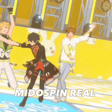 a group of anime characters are dancing on a stage with the words midospin real written below them
