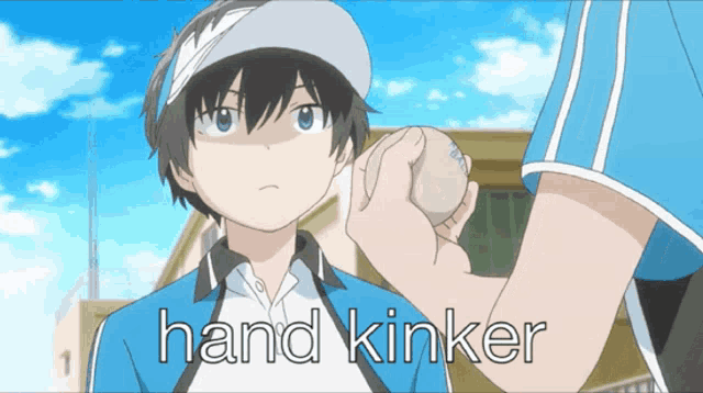 a boy with a bandage on his head is holding a baseball and the words hand kinker are above him