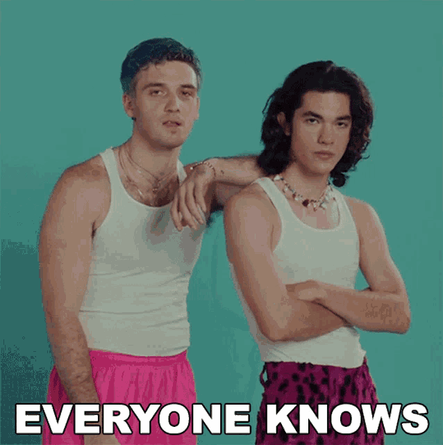 two men standing next to each other with the words everyone knows written on the bottom