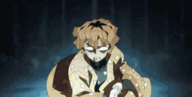 a cartoon character is holding a sword in his hand in a dark forest .