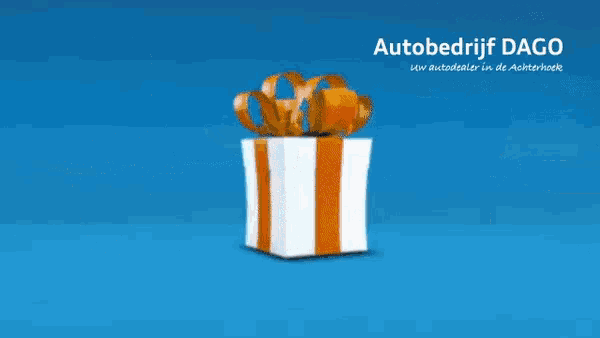 an advertisement for autobedrijf dago with a white volkswagen on a blue background