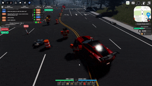 a screenshot of a video game shows a white truck and a red car on the road