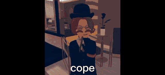a cartoon character with a top hat and a mustache says cope