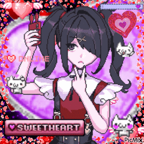 a pixel art drawing of a girl taking a selfie with a sweetheart button