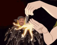 a cartoon of a man holding a fairy in his hand