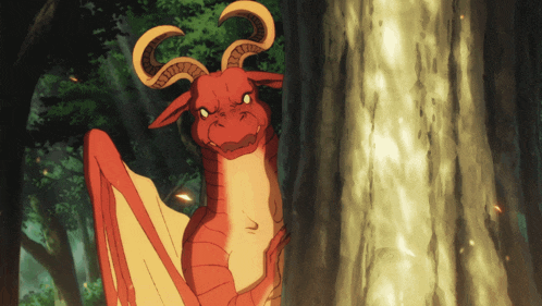 a red dragon with horns is standing next to a tree in a forest