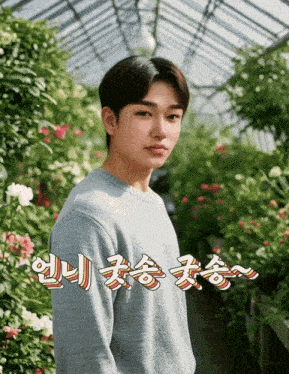 a young man in a blue sweater stands in front of a greenhouse with flowers