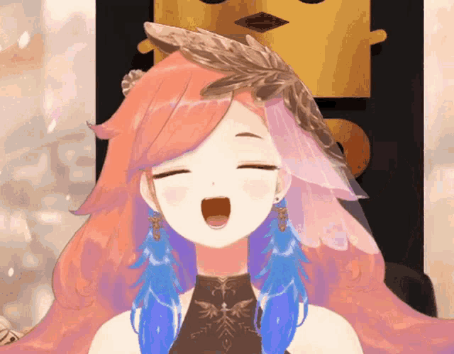 a girl with pink hair and blue earrings is singing with her mouth open