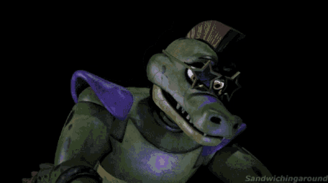 a green and purple robot with a sandwiching around logo on the bottom