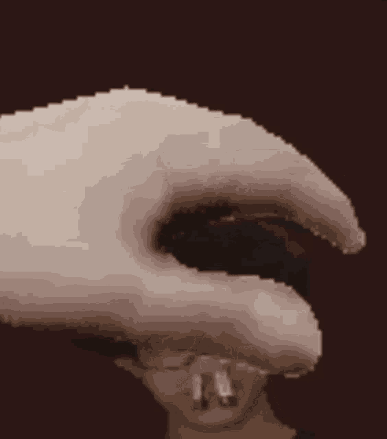 a pixel art of a hand holding a person 's head with glasses .