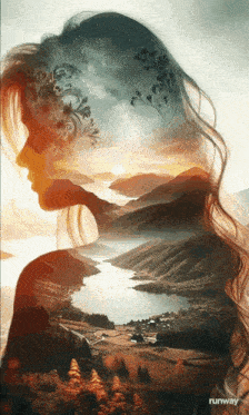 a double exposure of a woman 's face and a lake with runway written on the bottom