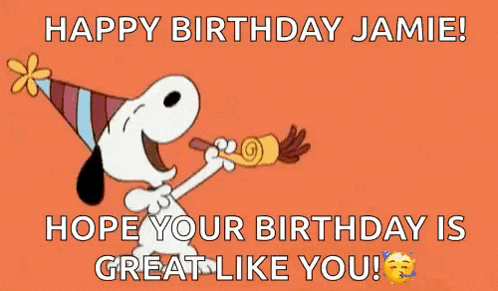 snoopy is wearing a party hat and blowing a party horn .