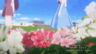 a woman in a blue dress is standing in a field of flowers