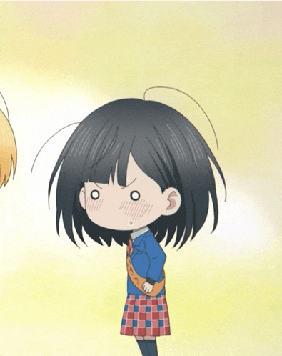 a girl with short black hair is wearing a blue shirt and plaid skirt