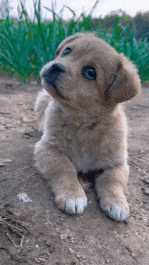a puppy with blue eyes is laying on the ground