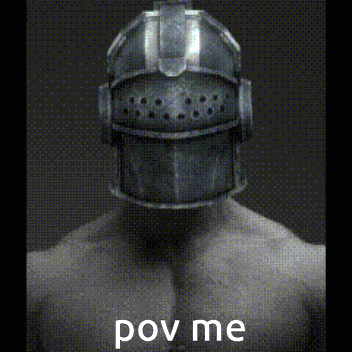 a man without a shirt is wearing a helmet with the words pov me on it .