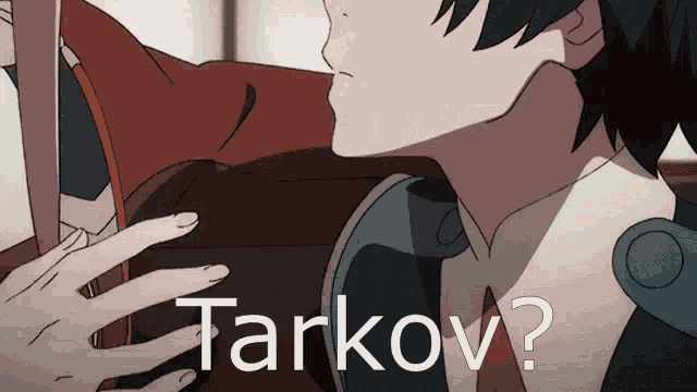 a close up of a person 's face with the word tarkov written on it