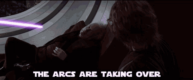 a man laying on a couch with the words the arcs are taking over