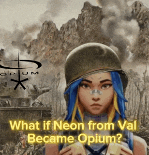 a woman with blue hair and a helmet stands in front of a tank and the words " what if neon from val became opium "