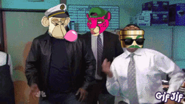 a gif of a man in a suit and tie with a monkey mask on his head