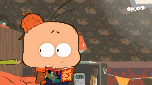 a cartoon character reading a book with the number 3 on the cover