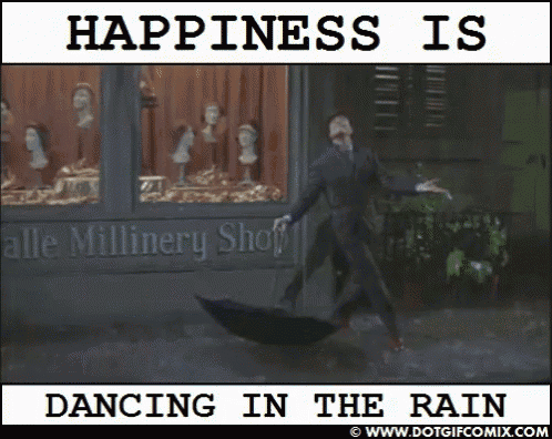 a man is dancing in the rain with an umbrella in front of the alle millinery shop