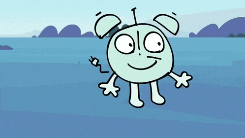 a cartoon character with a surprised look on his face pointing at something