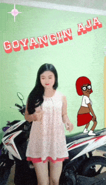a woman in a white dress stands in front of a motorcycle with the words goyangin aja written on the wall behind her
