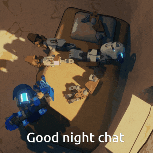 a cartoon of robots laying on a bed with the words " good night chat " above them