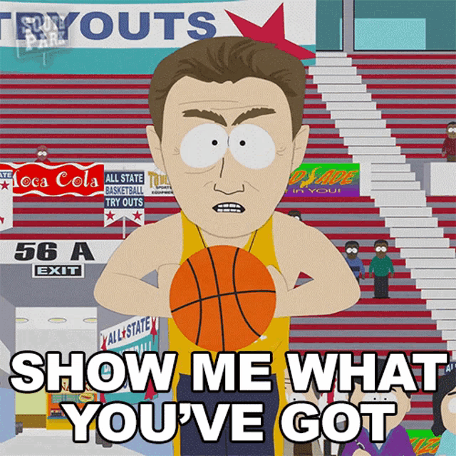 a cartoon of a man holding a basketball with the words show me what you 've got below him