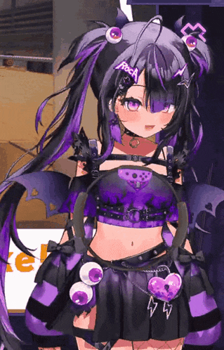 a girl with purple hair and a crop top that says roca on it