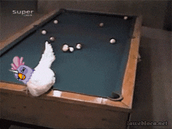 a pool table with a picture of a chicken and the words super on the bottom