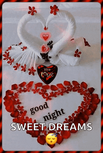 a good night sweet dreams card with two swans made of towels