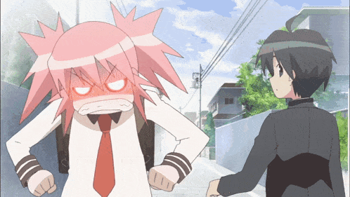 a girl with pink hair is standing next to a boy with black hair