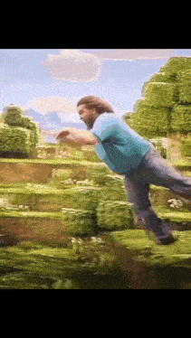 a man in a blue shirt is jumping over a river in a video game .